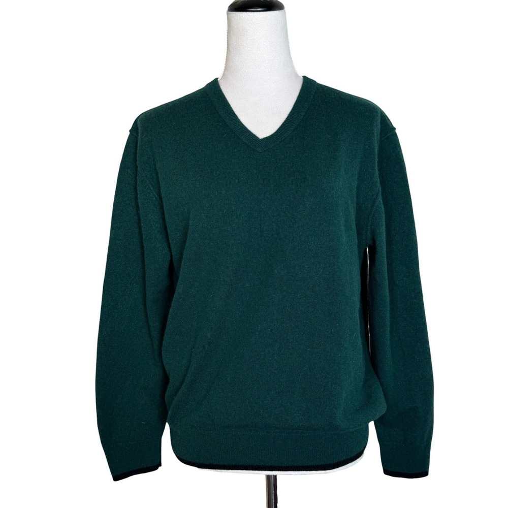 Neiman Marcus 100% Cashmere V-Neck Sweater Size L Green Black Capsule Preppy Lux